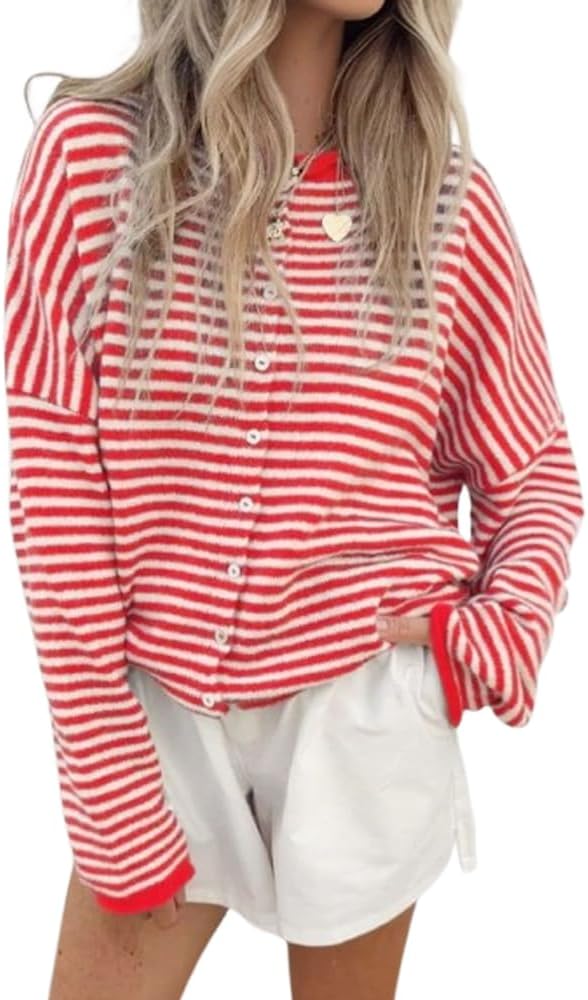 Women's Cardigans Knit Long Sleeve Stripe Crew Neck Button Down Ladies Jumper Cardigan Sweater for Fall Winter