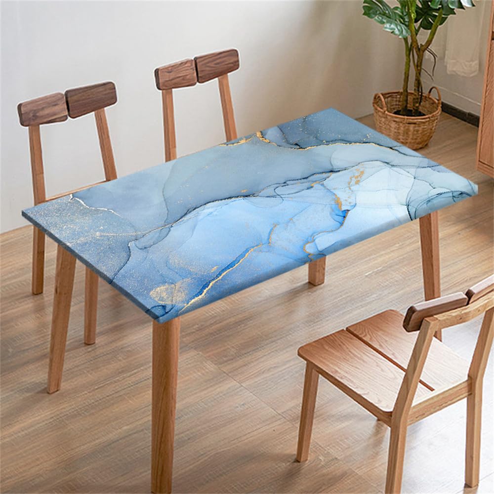 FANSU Tablecloth Picnic Bench Covers Tablecloth Elastic Fitted Table Cloth Waterproof Stain-Resistant Marble Tablecloths Square Rectangle for Outdoor Camping Party (8ft/244x77cm,Blue)