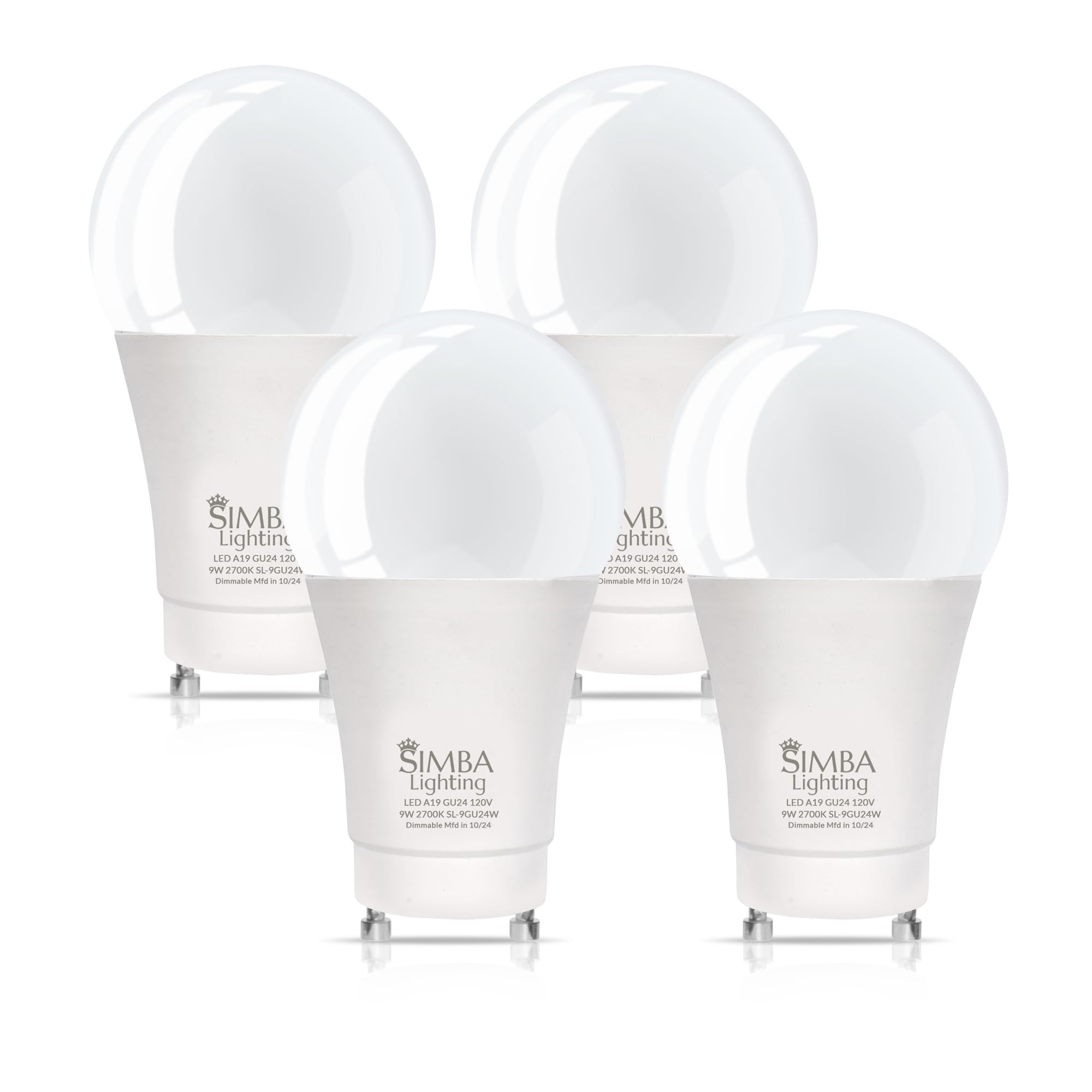 Simba Lighting LED GU24 A19 Light Bulb 9W 60W to 75W Replacement (4 Pack) 120V 2 Prong Twist and Lock Base for Ceiling Lights, Pendants, Outdoor Lanterns, Floor Lamps, Dimmable, 2700K Warm White