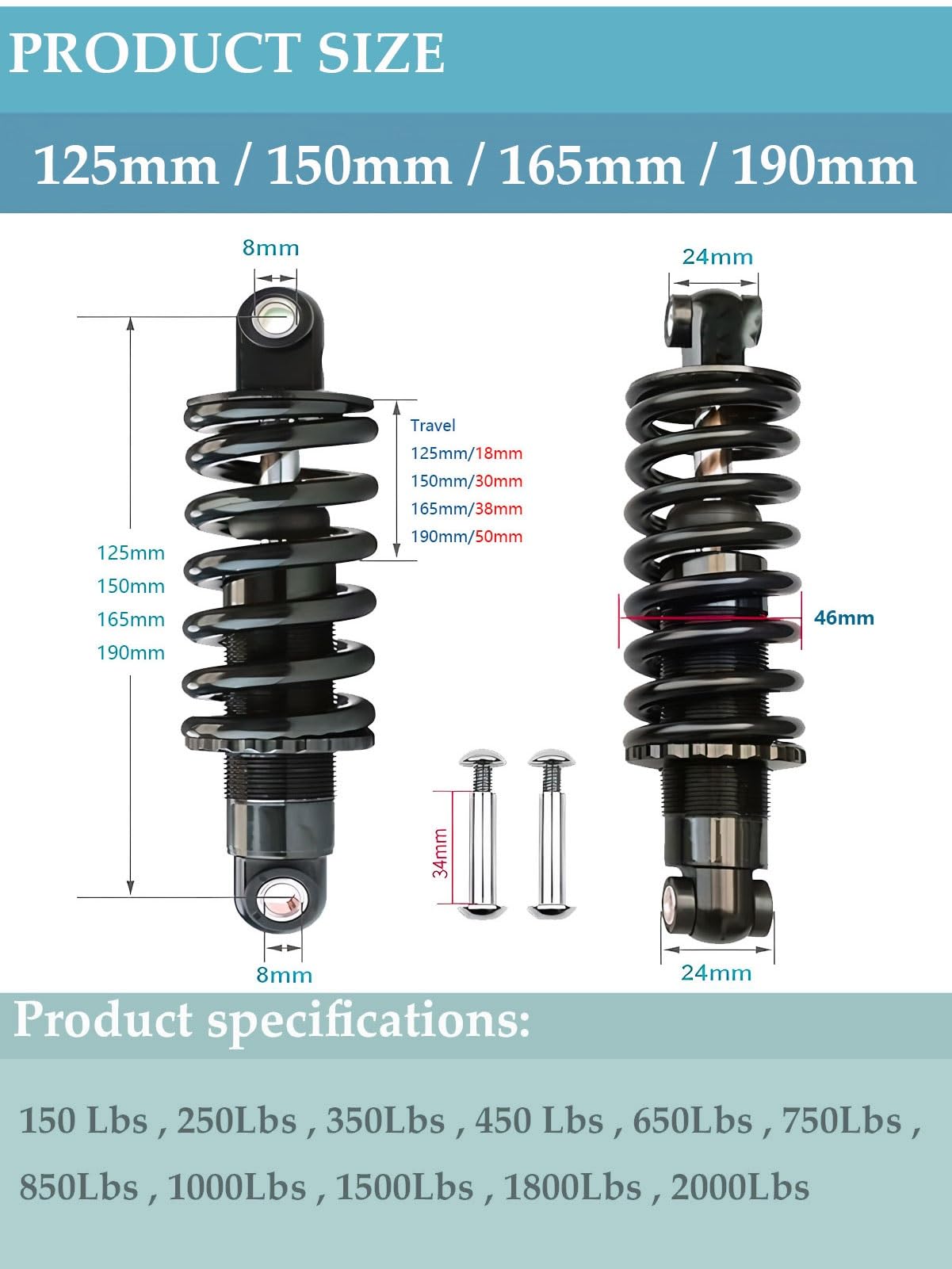 AuroraXQ Amortiguador Trasero Bici Montaña 125/150/165/190mm Suspensión MTB para E-Bike Bicicletas Plegables y Scooters(190mm,450 Lbs)
