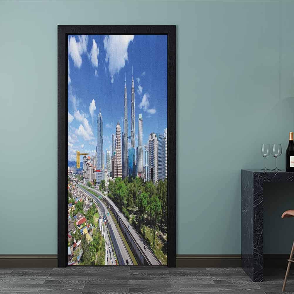 Homesonne Decal Kuala Lumpur Skyline in a Clear Day Financial District Highway Skyscrapers Vinyl Mural Art Sticke for Bathroom Door Pale Grey Blue Green 91.5x200.7 CM