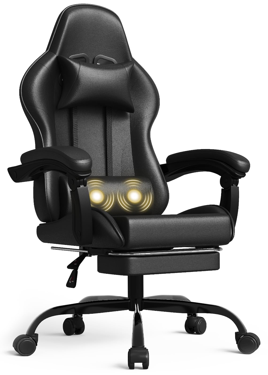 Silla Gaming de Masaje para Juegos con Reposapiés Telescópico, Silla Gamer con Cojín Lumbar y Reposacabezas, Sillas de Oficina Ergonómicas Respaldo Ajustable 90-135°, Carga 150 kg (Negro)