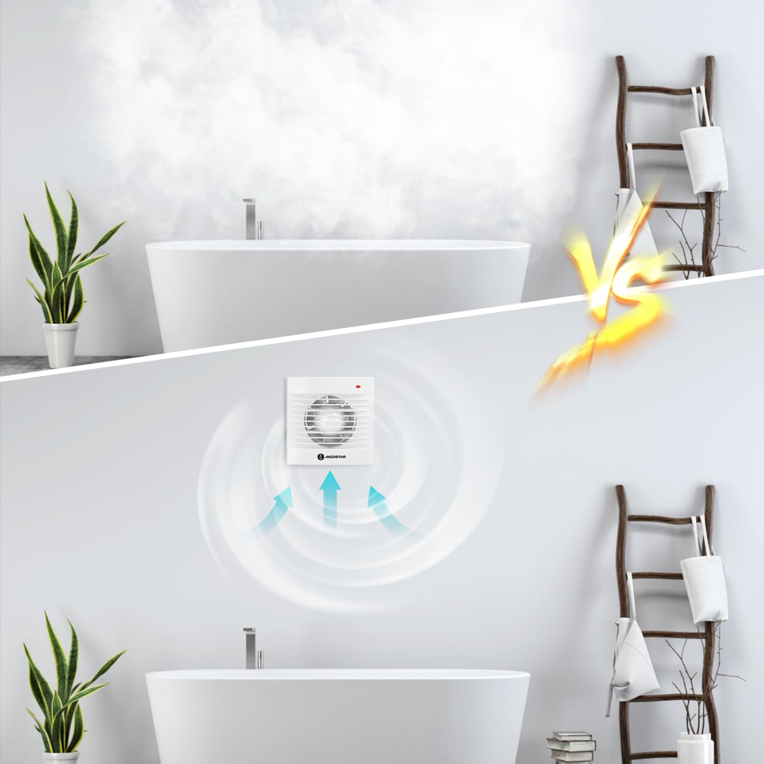 Aigostar Aspiratore da Bagno Ø 120 mm, Ventilatore da Bagno con valvola di ritorno, Ventilazione estrazione Ultra silenzioso, 14W, Funzionamento Silenzioso, Per cucina, WC, Bagno