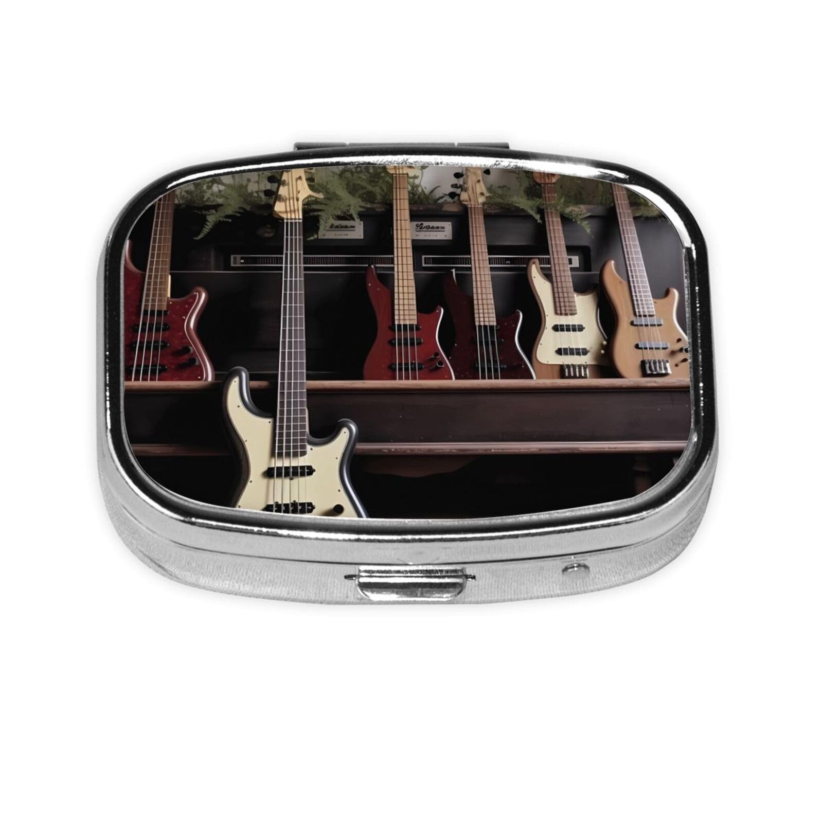 Guitar Bass Music Musical Instruments Pill Box Portable Metal Pill Case 2 Compartment Small Tablet Box for Purse or Pocket Pill Organizer Medicine Vitamin Organizer Unique Gift