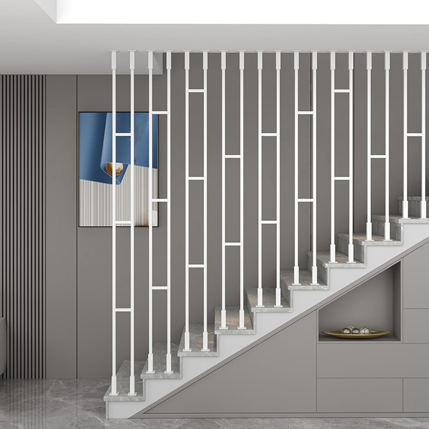 Moderno sistema de barandilla de metal con columnas cuadradas – Balaustres de ático interior de 6 pies, postes de montaje en suelo/techo y accesorios incluidos, color blanco Slish H (1 unidad)