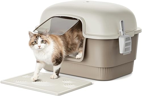 Caja de arena para gatos con alfombrilla de arena y cuchara, cajas de arena cerradas de pared alta para gatos antifugas, caja de arena cubierta