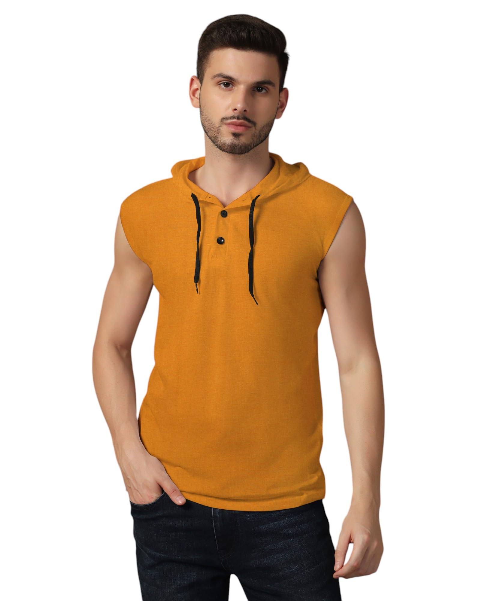 blisstone Men's Sleeveless Hoodie T-Shirt with Button Placket | Casual Gym & Summer Wear Hooded Tank Top-picture-30