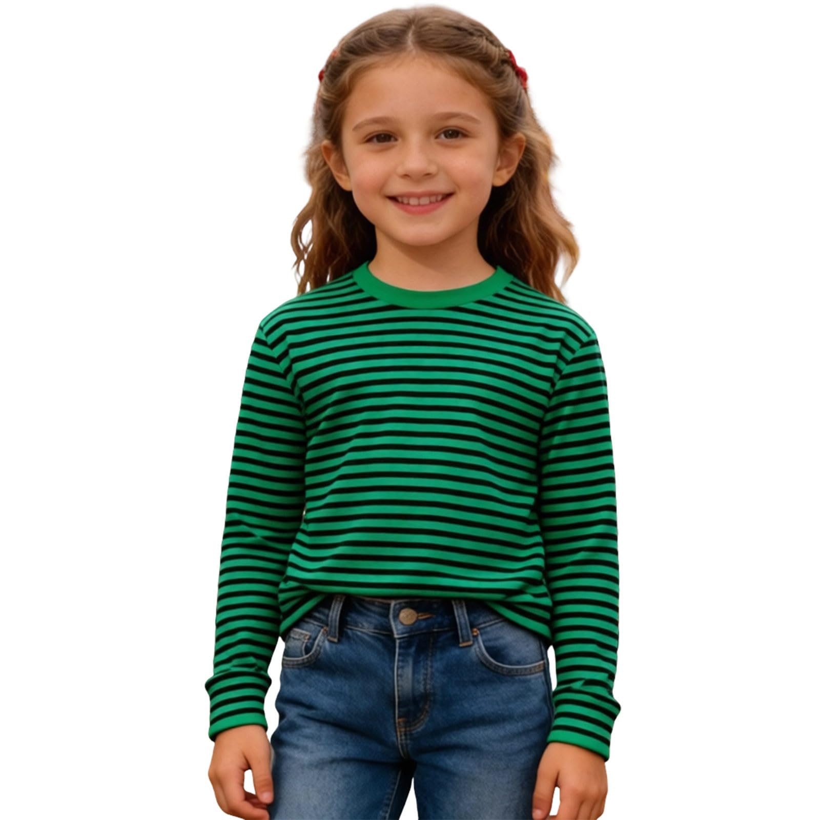Striped Shirt Children's Red/White Striped Long Sleeve Shirt Girls Boys Shirt Glunker Crew Neck T-Shirt Top Striped Long-Sleeved Pullover Sailors Carnival Fancy Dress Costume 3-14 Years, B-green, 13