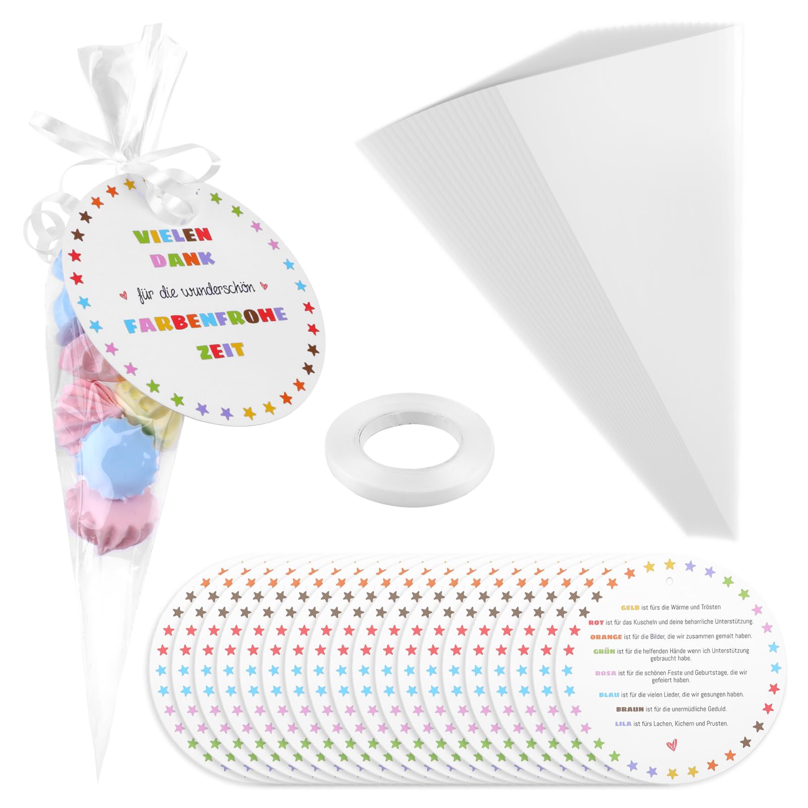 Abschiedsgeschenk Erzieherin, 40 Stück Kindergarten Abschiedsgeschenk Dank, Vielen Dank für die Farbenfrohe Zeit,mit 20 Stück Geschenkanhänger und 20 Stück Kegeltüten Geschenkverpackung