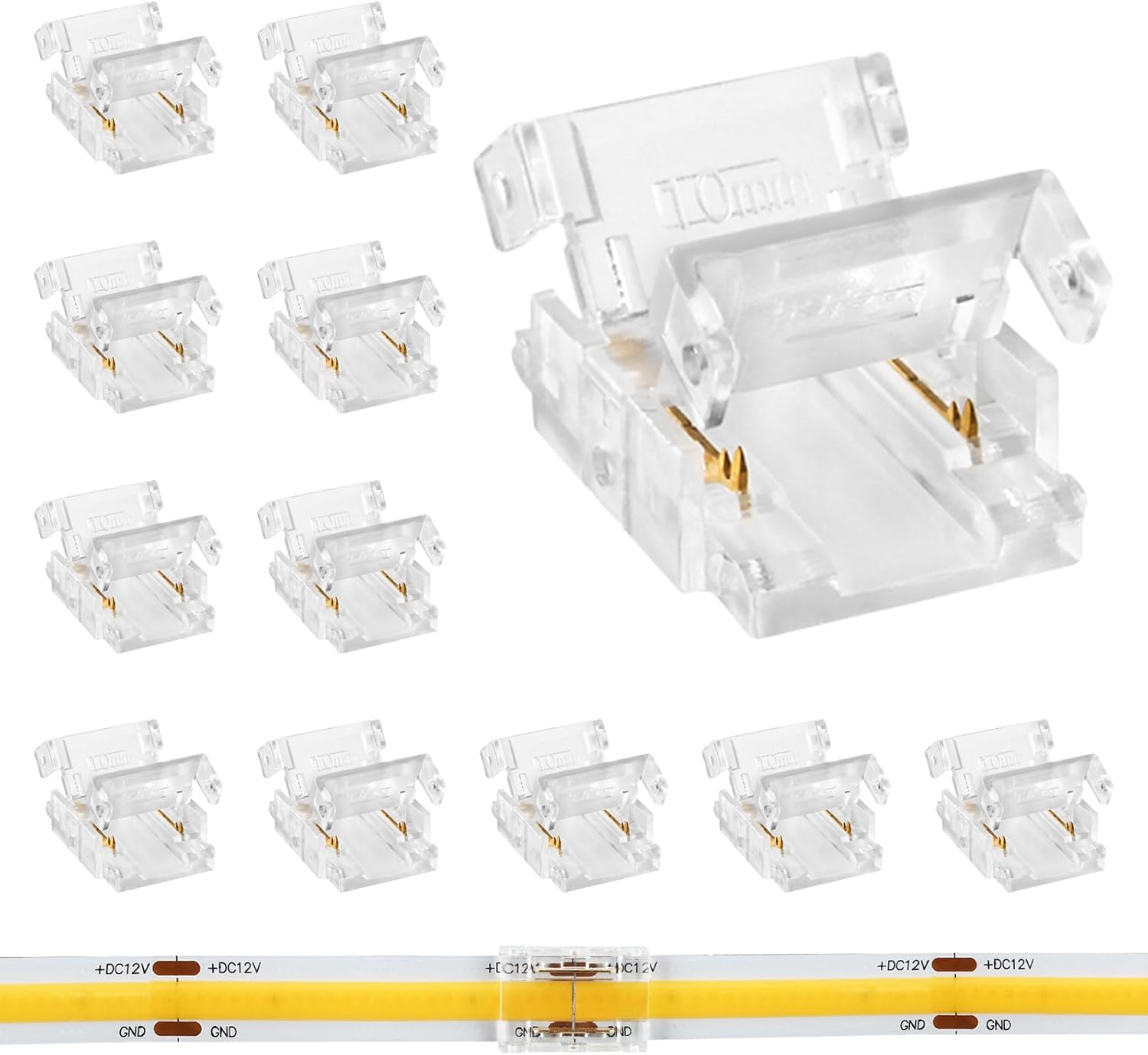 12Pcs 2Pin 10mm COB LED Strip Connectors Strip to Strip, 0-36V/5A Mini-Size Tool-Free Gapless Clip, Reusable Solderless for No Dark Area Connection in Channel