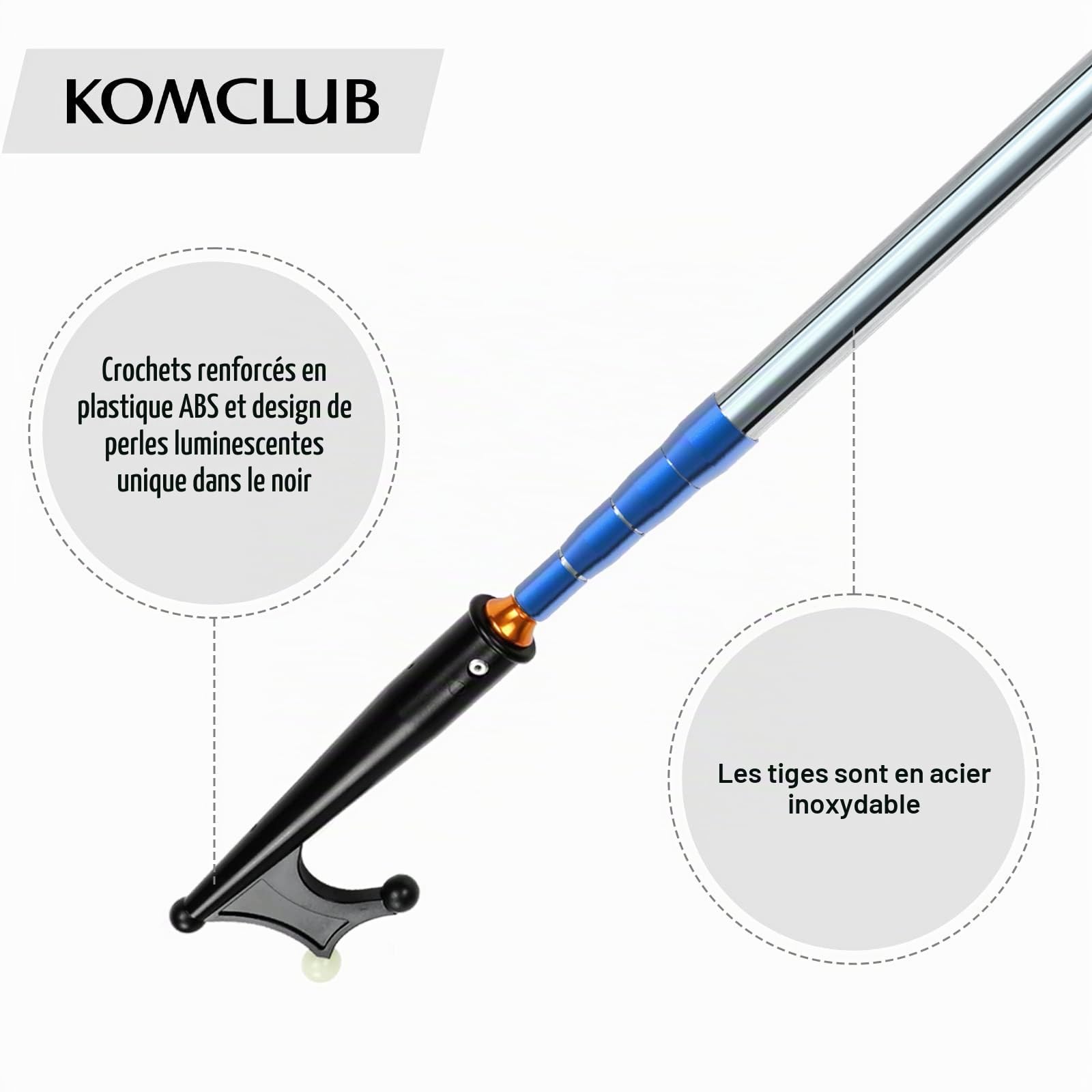 KOMCLUB Crochet de bateau télescopique de 134 cm pour fixation de barre d'extension télescopique avec perle lumineuse, légèrement flottant, poignée en caoutchouc antidérapante, durable et résistant à