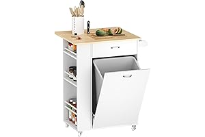 White Kitchen Island with Drop Leaf, Trash Cabinet, 10-Gallon Storage, Portable Utility...