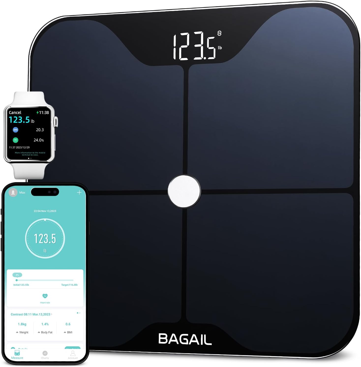 BAGAIL BASICS Smart Scale for Body Weight, Digital Bathroom Scale with ITO Coating, Accurate Body Fat BMI Scale with Bluetooth, Full Body Composition Analysis, Health Monitor for Weight Loss, 400lb