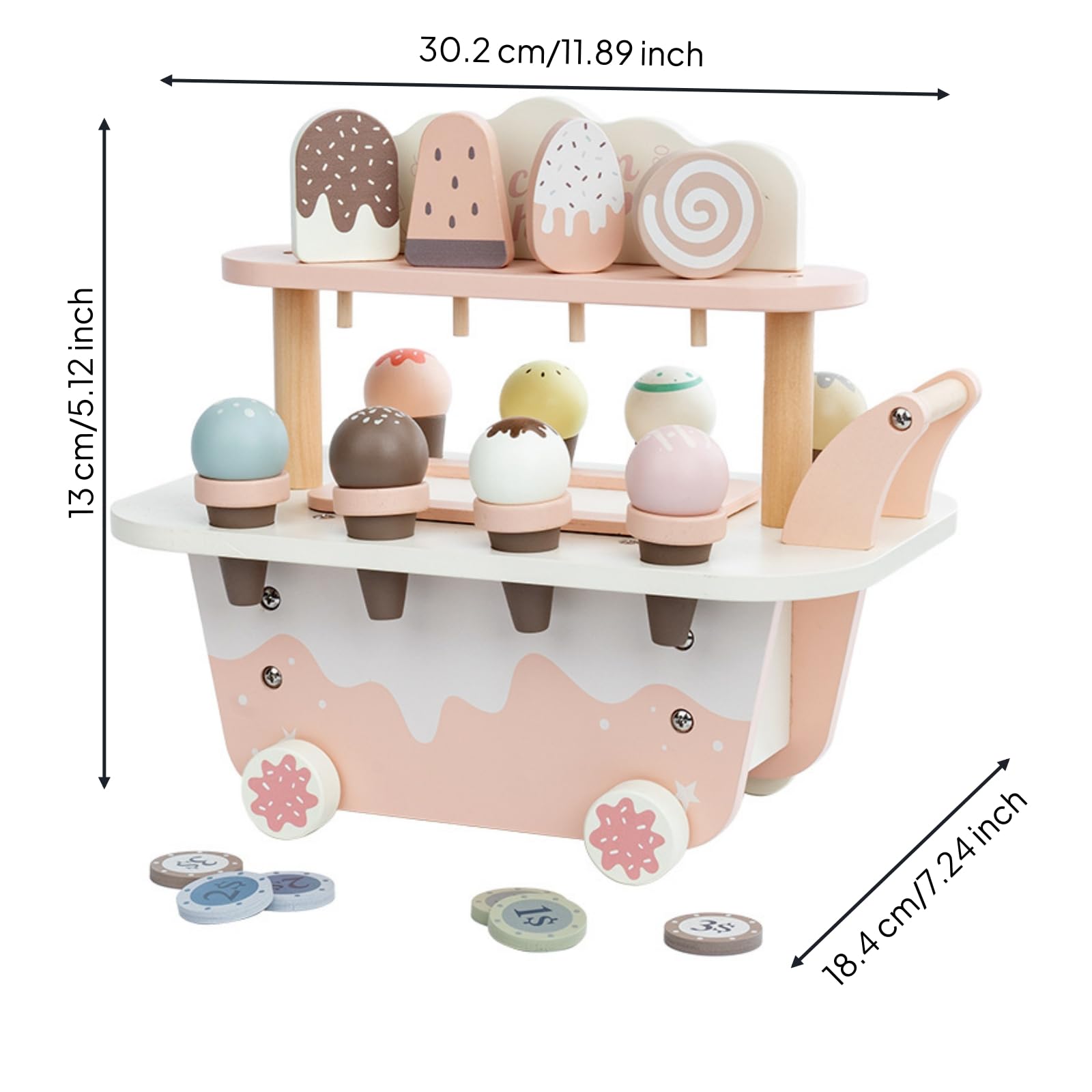 Kinder Spielzeug Eiswagen Holz Kinder Spielfahrzeug Spielset Verkaufsstand Rollenspiel mit Motorikfördernden Aktivitäten Und Teilen für Lernumgebung Vorschule Kinderzimmer