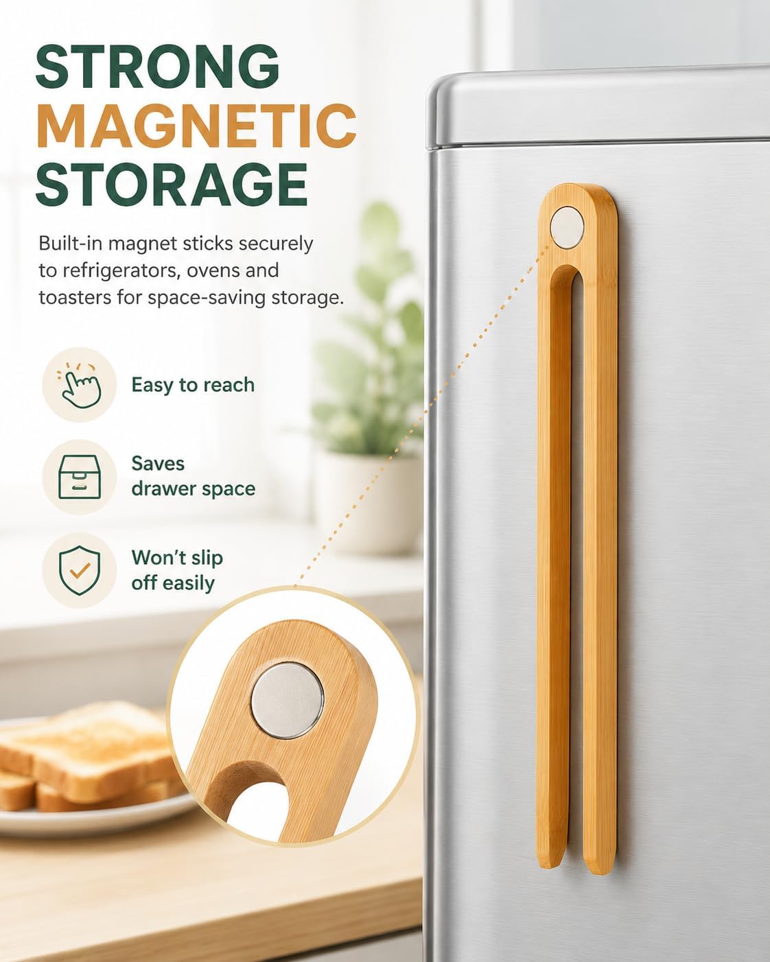 Magnetic Bamboo Toaster Tongs Set of 2, 8.7 Inch Natural Wood Toast Tongs, Eco-Friendly Kitchen Tongs for Toast, Bagels, Waffles, Serving, Space-Saving Kitchen Accessories