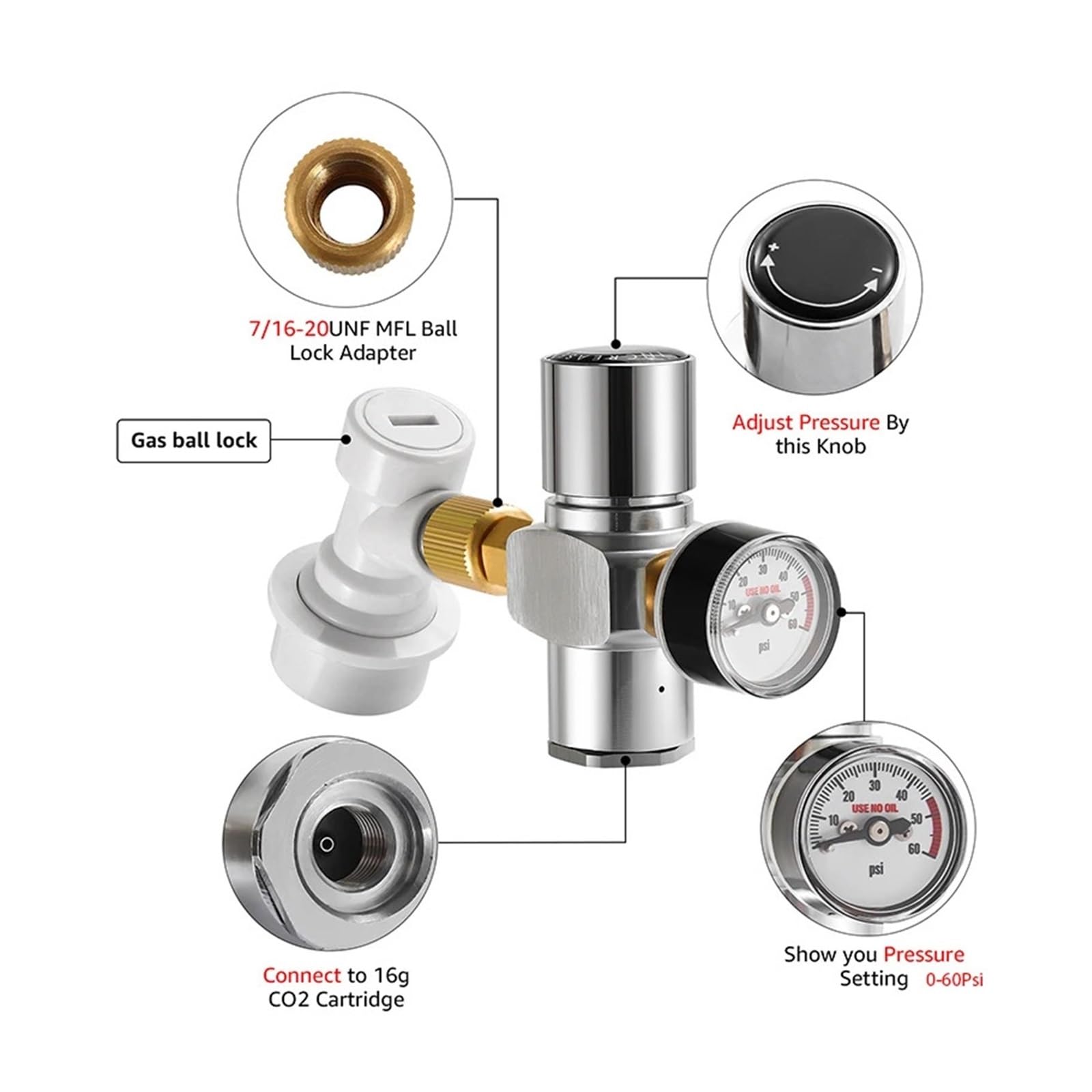 Cargador de Co2 for Barril de Cerveza, Mini regulador de Co2 de 0-60PSI, dispensador de Co2 portátil con desconexión rápida de Bloqueo de Bola for Barril de Cerveza de elaboración casera (Co