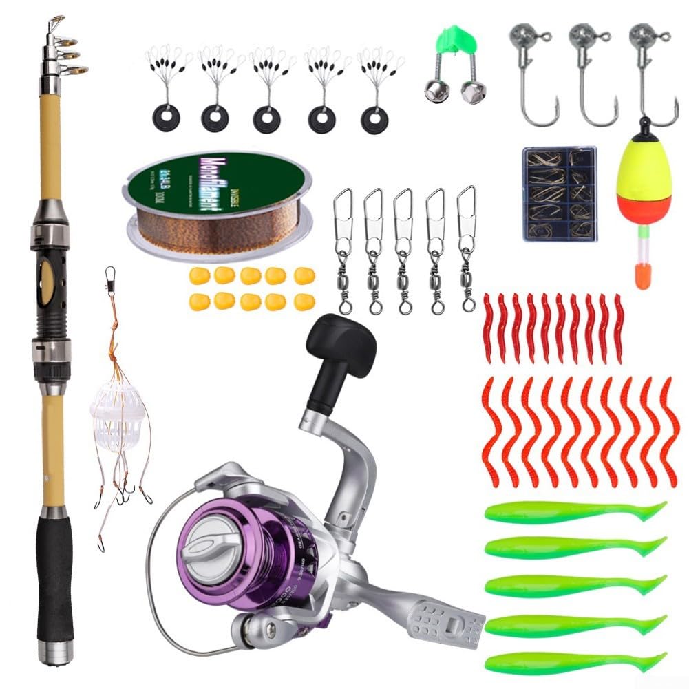 Canne à pêche télescopique et moulinet pour Combo 1,8 m 56 pièces Kit portable en fibre de verre pour débutants, bar, truite, voyage côtier