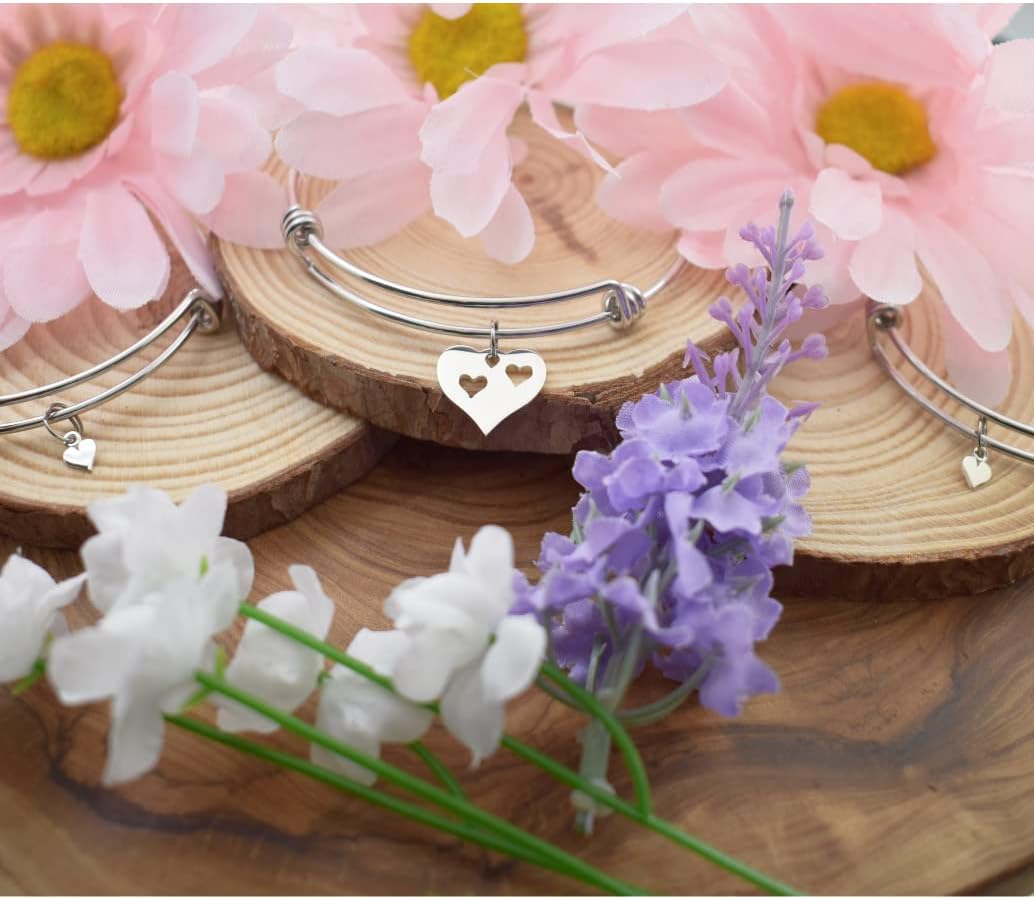 Mother and Two Daughter Bangle Bracelets in Stainless Steel with Sterling Silver Hearts | Mother and Daughter Sets | Mothers Day Gifts