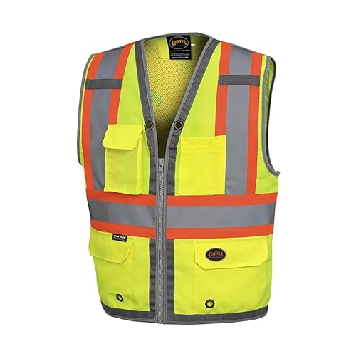 Pioneer Chaleco de seguridad para hombre Neón reflectante Hi Vis, panel trasero de malla fresca, 12 bolsillos, cremallera para trabajo de