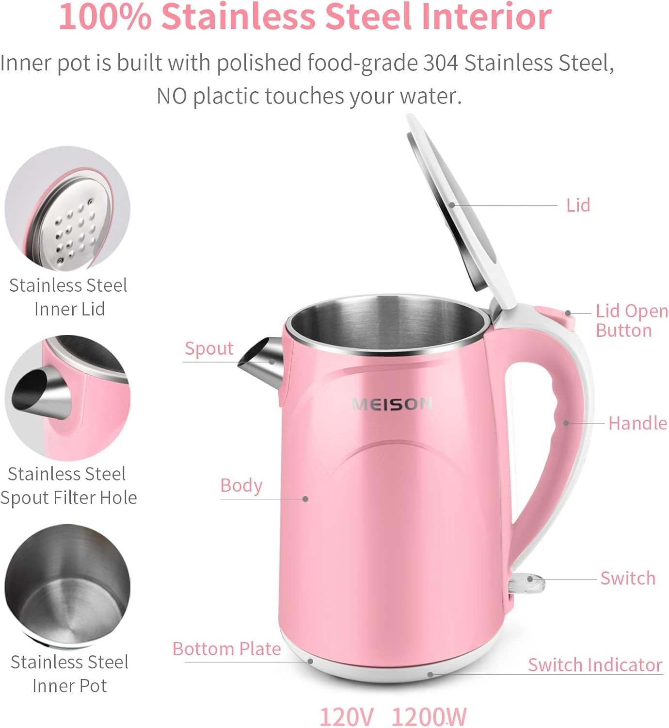 MEISON Electric Kettle, 1.5 L Double Wall Food Grade Stainless Steel Interior Water Boiler, Coffee Pot & Tea Kettle, Auto Shut-Off and Boil-Dry Protection, Cordless, 2 Year Warranty (pink): Home & Kitchen