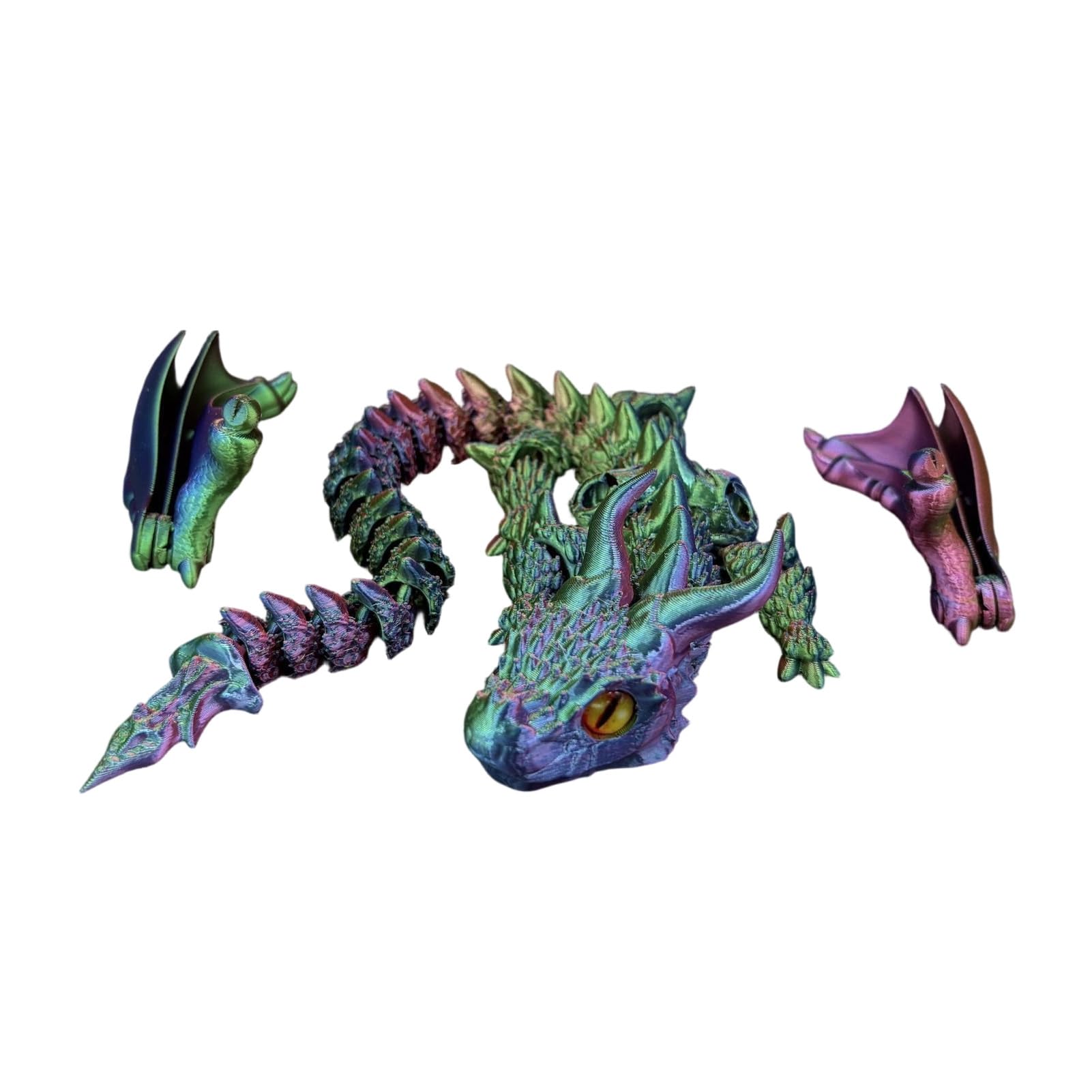 Pasisuu Articulated Wing Dragon Decor with Unique Eyes, 3D Printed Dragon Figurine Sculpture for Gaming Room, 12in Movable Joint Fantasy Toy, Gradient PLA Ornament Dark Green