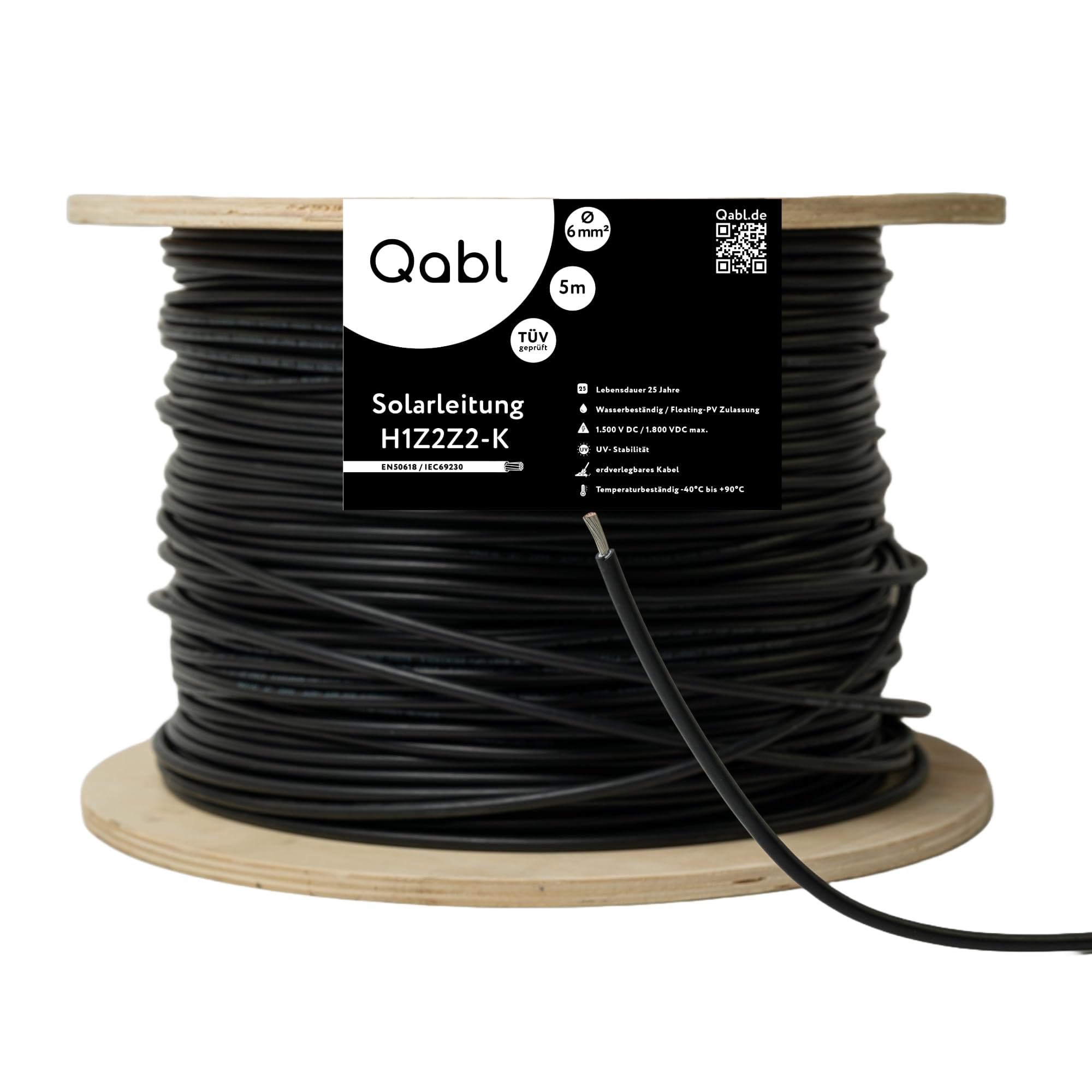 Qabl Solarkabel 6mm² 50m schwarz - Solarleitung H1Z2Z2 - TÜV geprüft - UV beständig, flexibel, PV Kabel, Photovoltaik Kabel, Solar Anschlusskabel für Solarpanel