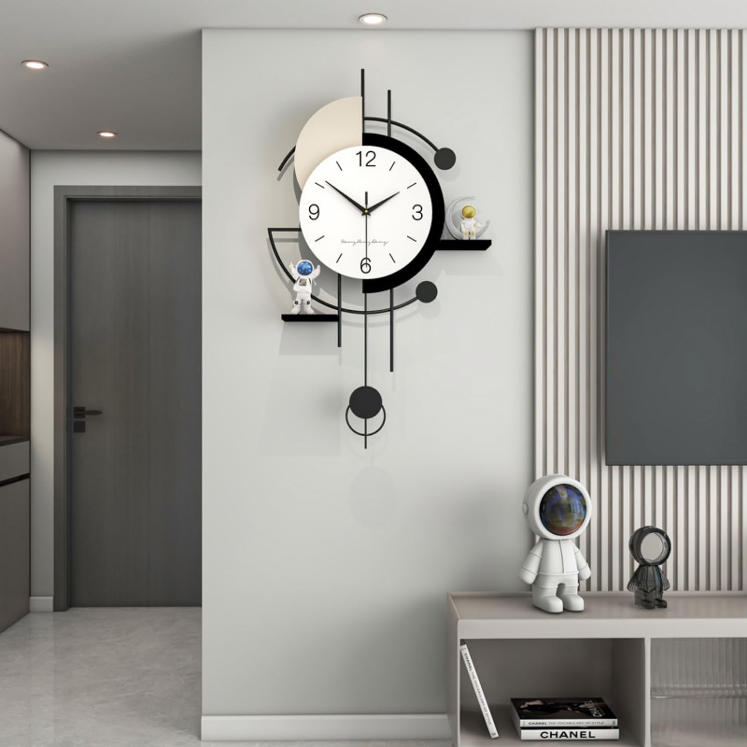 Modern Wall Clock for Living Room Metal Wall Clocks Decorative Battery Operated Large Wall Clock Silent Movement Includes 2 Astronaut Ornaments Dining Room, Kitchen, Home,Bathroom, Bedroom