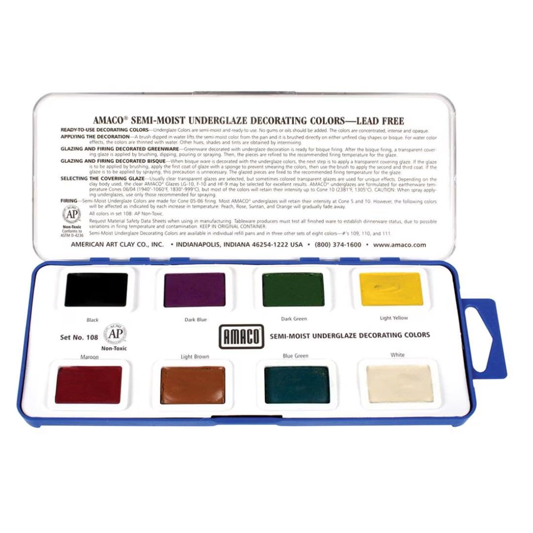 Semi-Moist Underglazes 8-Count Set No. 1 (#108), 8 Assorted Decorating Colors in Watercolor-Like Pans, Low/Mid-High Fire Cone 05-6 (SMUG) Ceramic Pottery Underglazes for Unfired Clay and Bisque