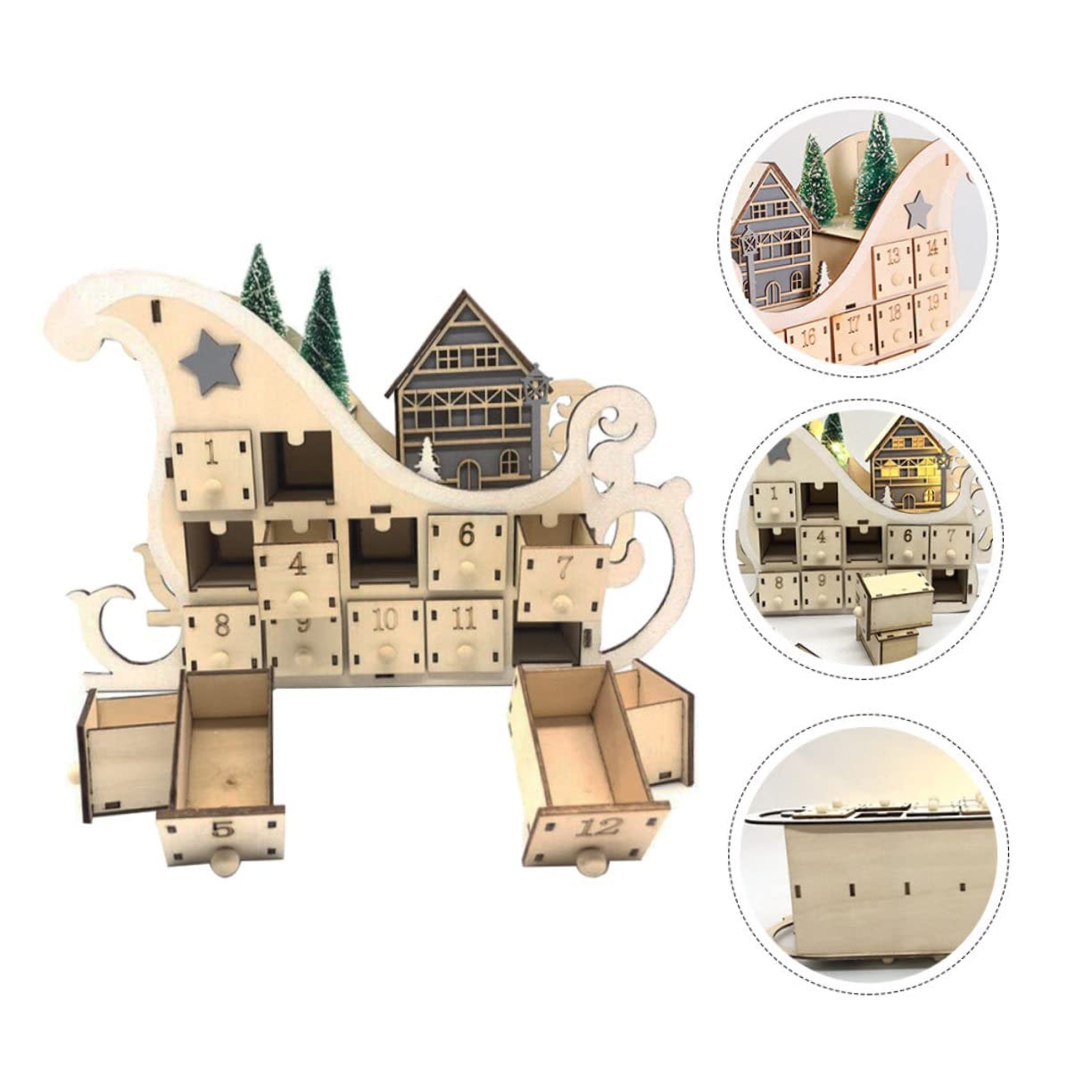 MAGICLULU Holz Weihnachtskalender mit Schlittenkalender Design Weihnachtskalender aus Holz für Schreibtischdeko Countdown-adventskalender für Weihnachten