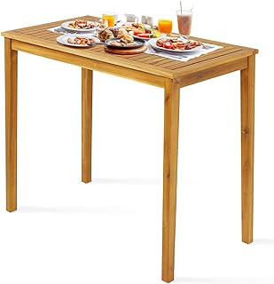 Tangkula Outdoor Acacia Wood Bar Table, 45” Rectangular Bar Height Farmh...