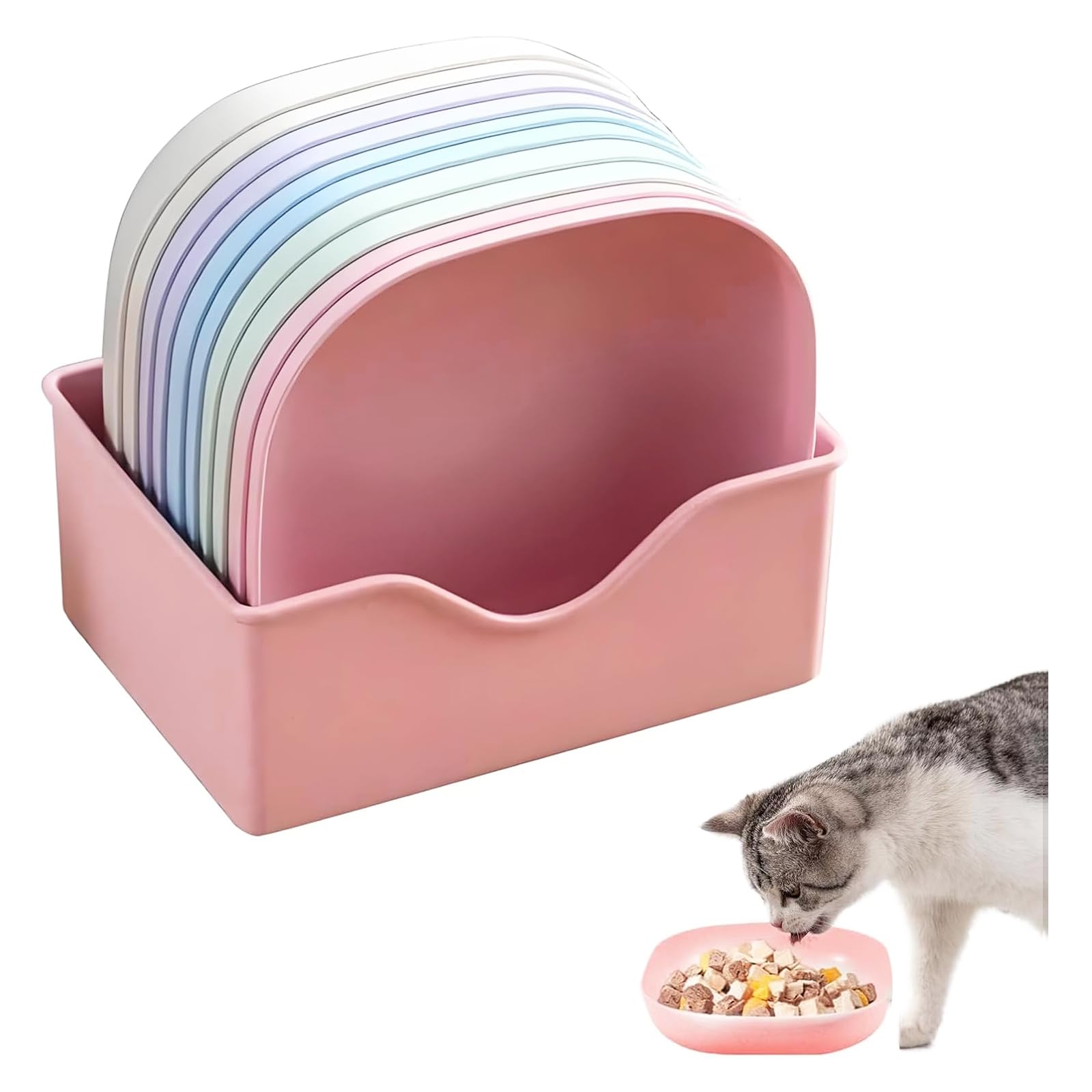 Livoravoli 10 Pack Flat Cat Bowls with Tray, Whisker Friendly Cat Dishes and Bowls, Shallow Cat Food Dishes, Anti-Slip Kitten Water Bowls and Short-Legged Cat Feeding Bowls