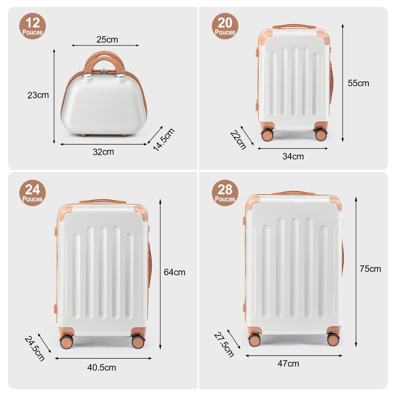 LALAHO Set de 4 Valises avec Vanity Case, Valise Grande Taille & Cabine, Petite Valise, ABS avec Coins Renforcés, roulettes Pivotantes 360° (Beige-Marron)