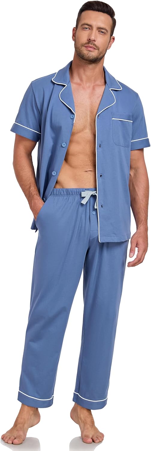 COLORFULLEAF 100% Cotton Mens Pajamas Set Short Sleeve Loungewear with Long Pants Button Down Sleepwear Soft Comfy Pj for Men - Image 6