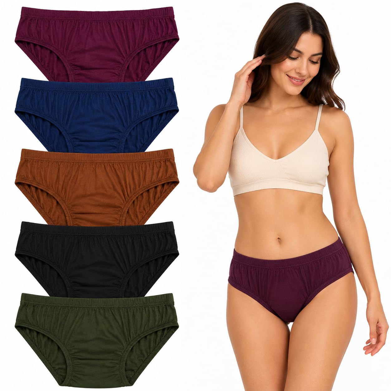 Essentials Women's 100% Cotton Panties Pack of 5 | Full Coverage Mid Rise Hipster Briefs | Soft Breathable Innerwear | Skin Friendly Everyday Wear | Multicolor Plain Panty Combo-image-39