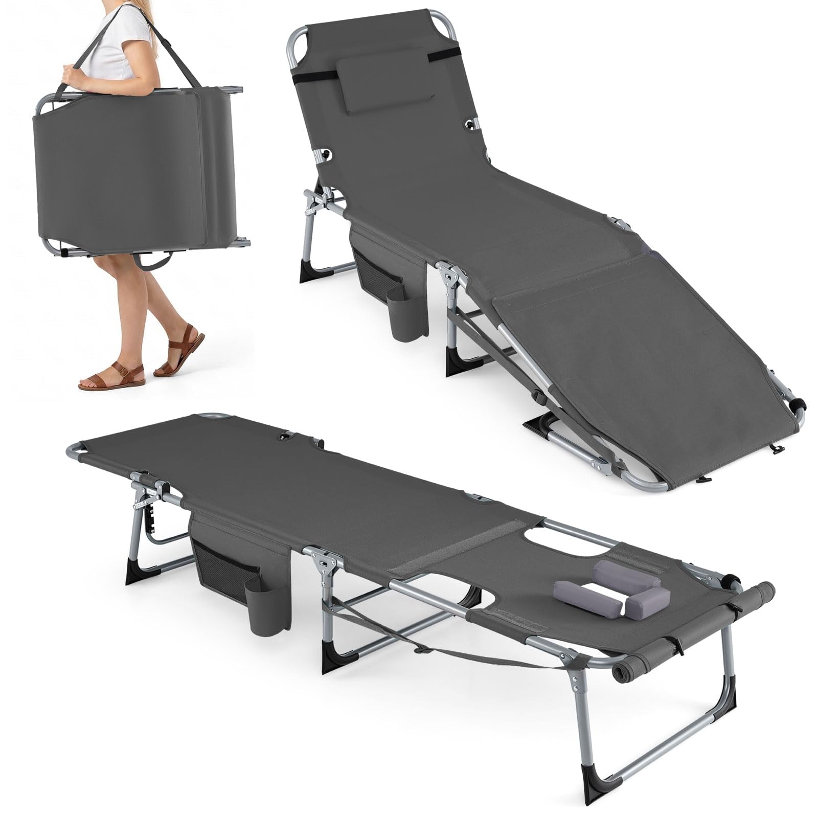 COSTWAY Folding Sun Lounger, 4/5-Position Adjustable Garden Chaise Lounge Chair Sunbed with Face Hole & Pillow, Portable Outdoor Sunbathing Tanning Recliner for Patio Beach (Grey with Storage Pocket)