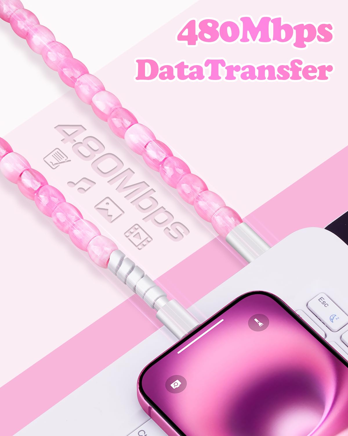 Cable USB para iPhone 16, cable de carga rápida de 66 W, cable USB C a USB C de 3.3 pies, elegante y duradero, con cuentas, cargador tipo C, para niñas y mujeres, para iPhone 15, Samsung S25, S24