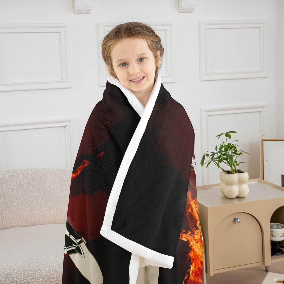 Drum Kit Throw Blanket Flame Drum Kit Print Bed Throws for Kids Boys Teens Musical Instrument Theme Flannel Fleece Blanket for Couch Sofa Soft Polyester Fuzzy Blanket, Throw Size (50 x 60 Inches)