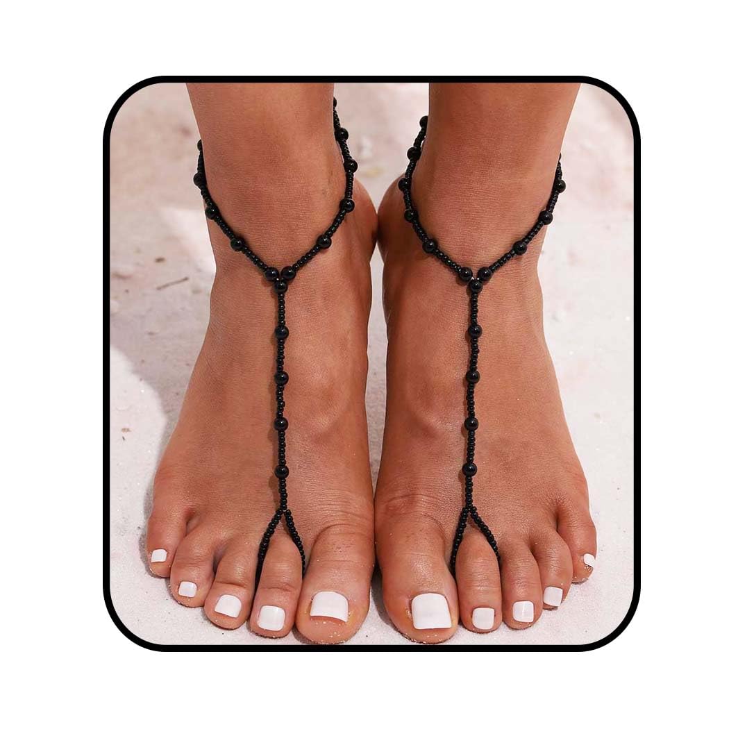 Obmyec 2Pcs Barefoot Sandals Anklet Beaded Foot Chain Beach Anklet Bracelet Tow Wedding Foot Jewelry for Women