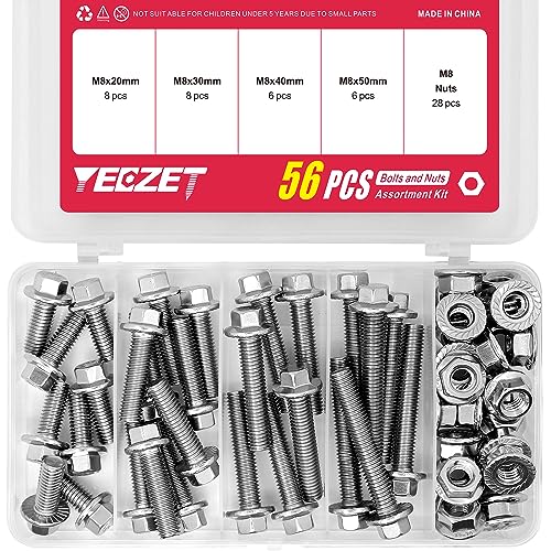 Kit de Boulons et Écrous à Tête Hexagonale à Bride de 56 Pièces M8 en Acier Inoxydable 304. Inclut Les Longueurs de 20mm, 30mm, 40mm, 50mm.