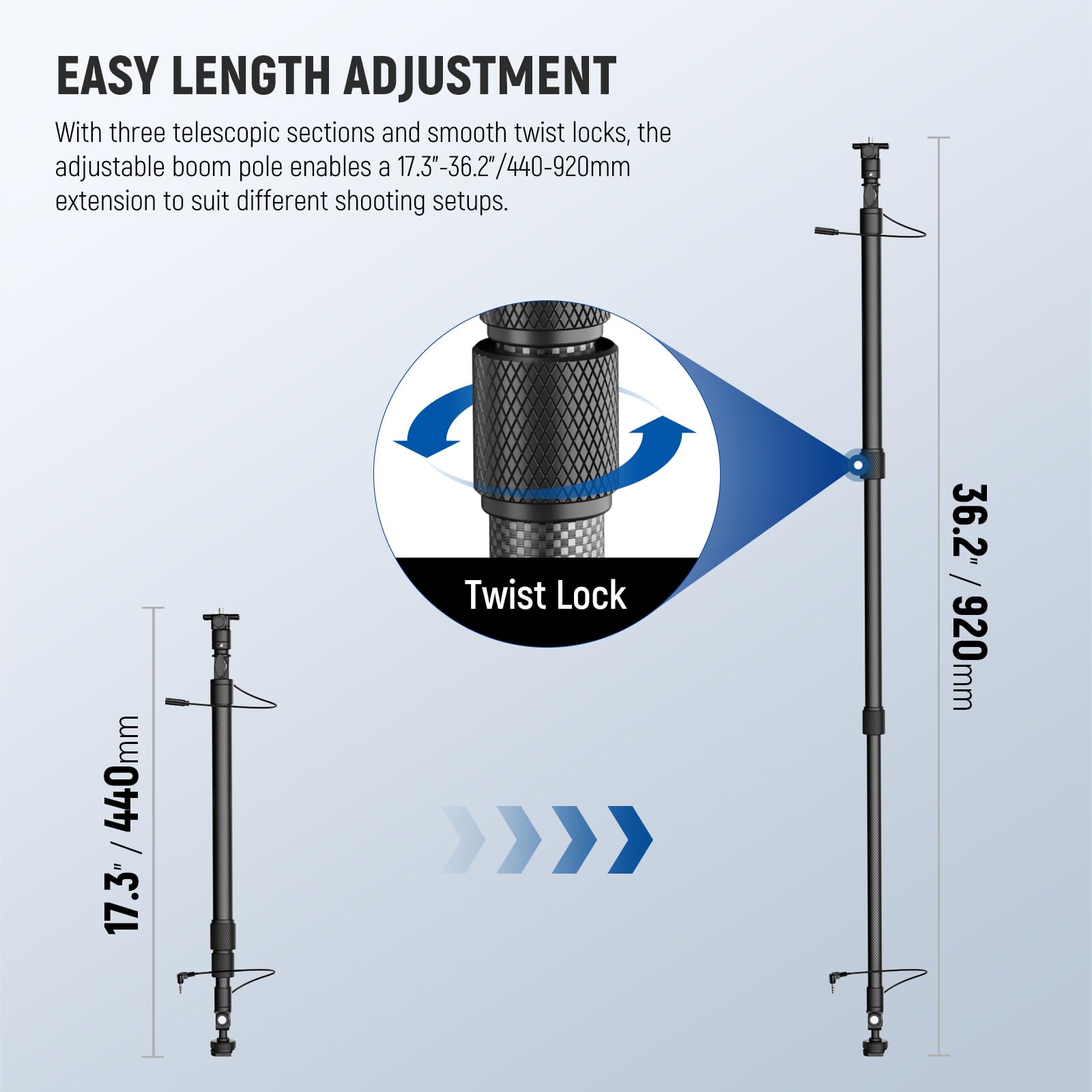 NEEWER Boom Pole Micrófono Fibra Carbono, 44-92cm Extensible, 3,5mm Cable TRS Macho a Hembra Integrado, Clavo NATO, Montaje Zapata Fría, 180° Tilt, Carga Máx 500g para Entrevistas y Cine, BP01