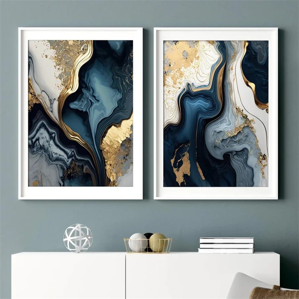 WBYZAC 2 Pieces Poster-Modern Sky Blue White Gold Marble Posters Wall Art Canvas Painting Prints Pictures Living Room Interior Kitchen Office Home Decoration-60 * 80cm (No Frame)