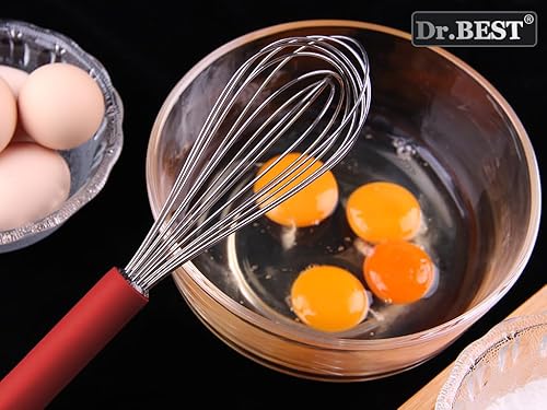 Miniatura 5 de Batidor de huevos de acero inoxidable Mango de silicona antideslizante Agarre cómodo (10.5 pulgadasrojo)