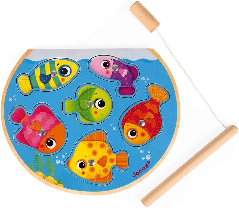Speedy Fish - 2-in-1 toy: magnetic wooden puzzle & fishing game - 6 fish-shaped pieces - Suitable for small hands - Ages 18 months and up