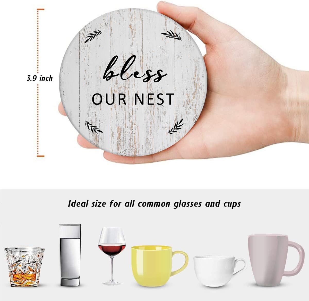 Coasters for Drinks Set of 6, Grey Wood Home Bless Happy Saying Absorbent Round Ceramic Stone Mat, with Cork Base and Metal Holder, Gift for Housewarming Room Bar Decor - Image 2