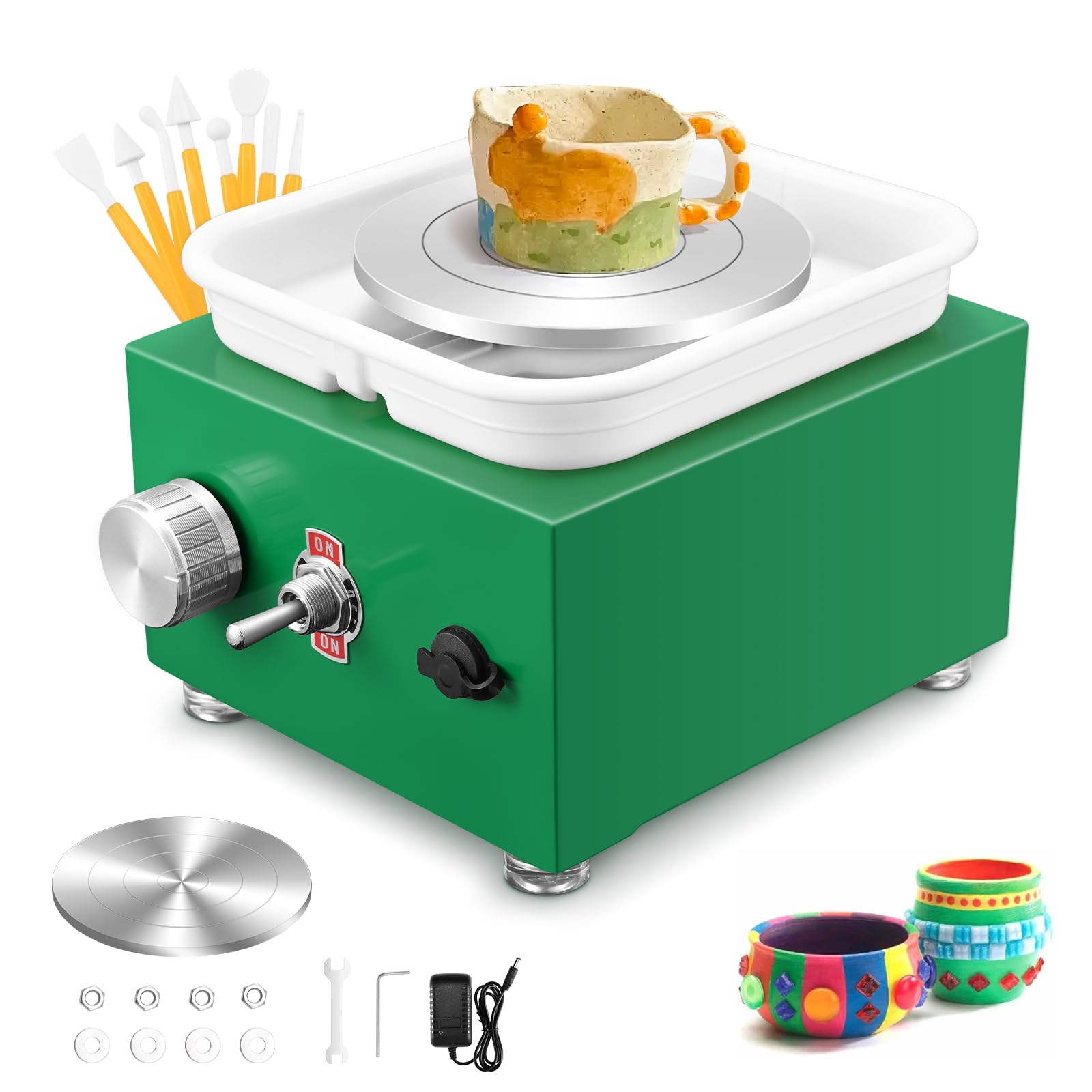 Mini Electric Pottery Wheel, Couleeur 2000RPM & 10/6.5cm Plates Turntable Pottery Wheel, Adjustable Speed Kids Pottery Wheel with Shaping Tools for Pottery DIY Shops, Pottery Teaching(Green)