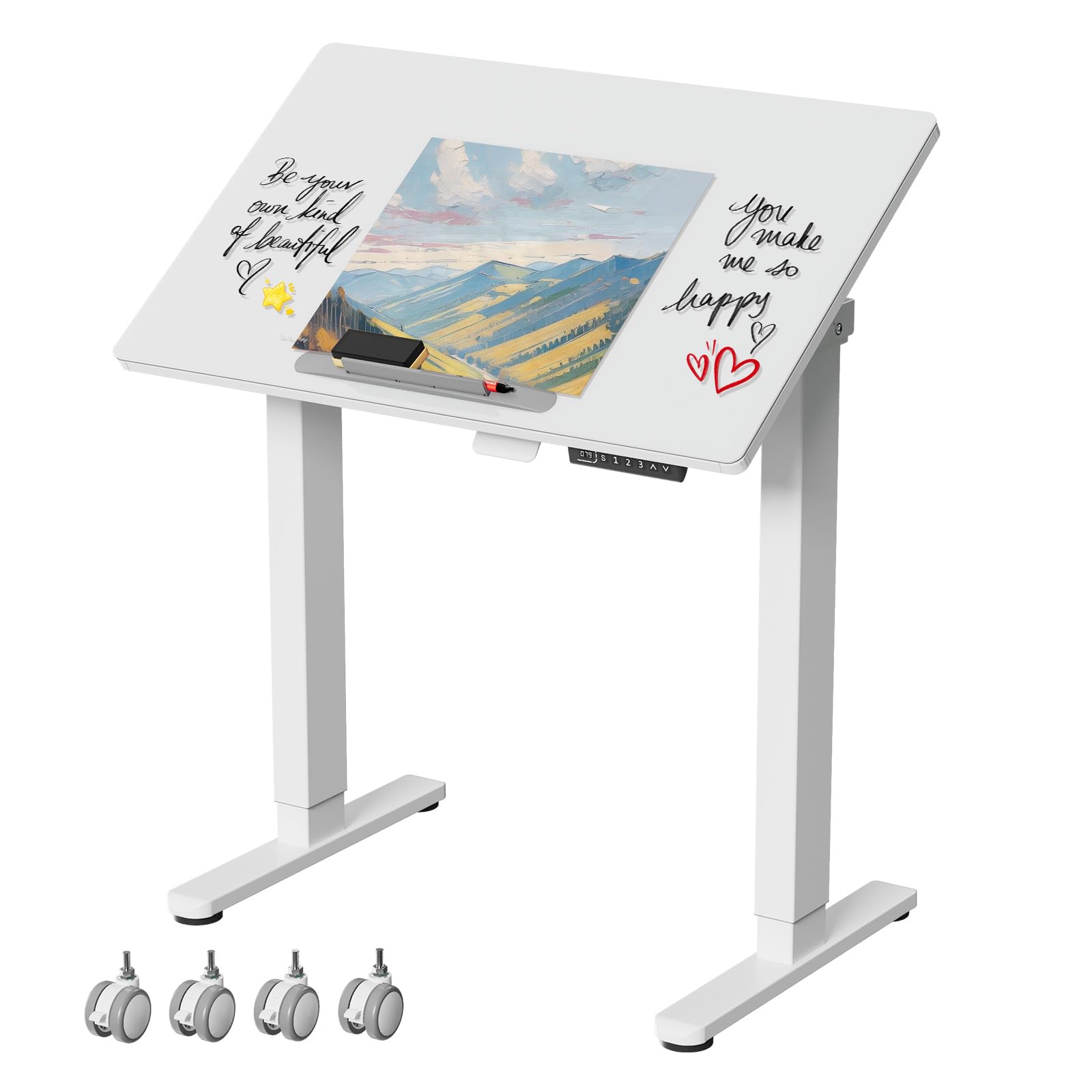 32" Glass Standing Desk,90°Tilt Whiteboard Electric Drafting Table White 32x20"