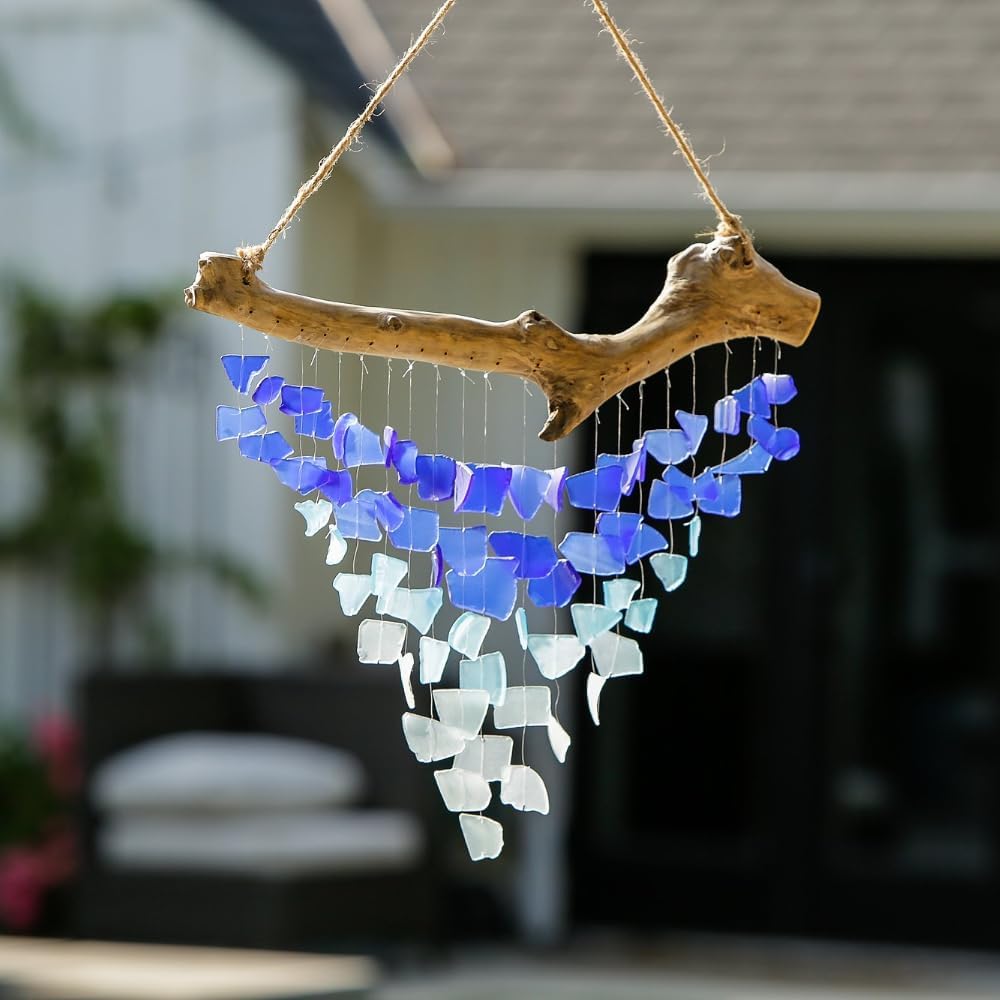 Multi-Color - Handmade Raindrop Butterfly Recycled Glass Hanging Mobile Wind Chime Suncatcher Beach Decor (Large)