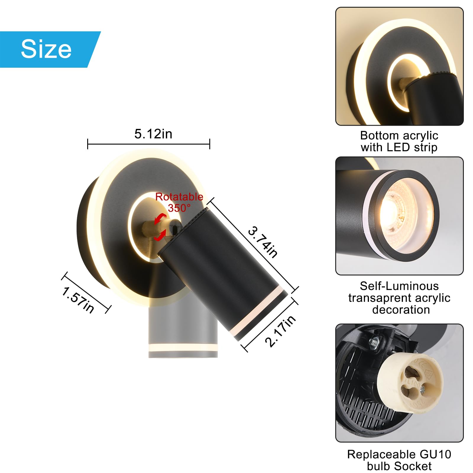 SANSHI Rotonda Faretti da Soffitto Orientabili Interno LED 1 Luce,Faretti da Parete con Inferiore 9W+5W,GU10 Lampadario Faretti,Moderna Plafoniera Faretti Bianco Caldo 3000K per Cameretta Barra,Nero