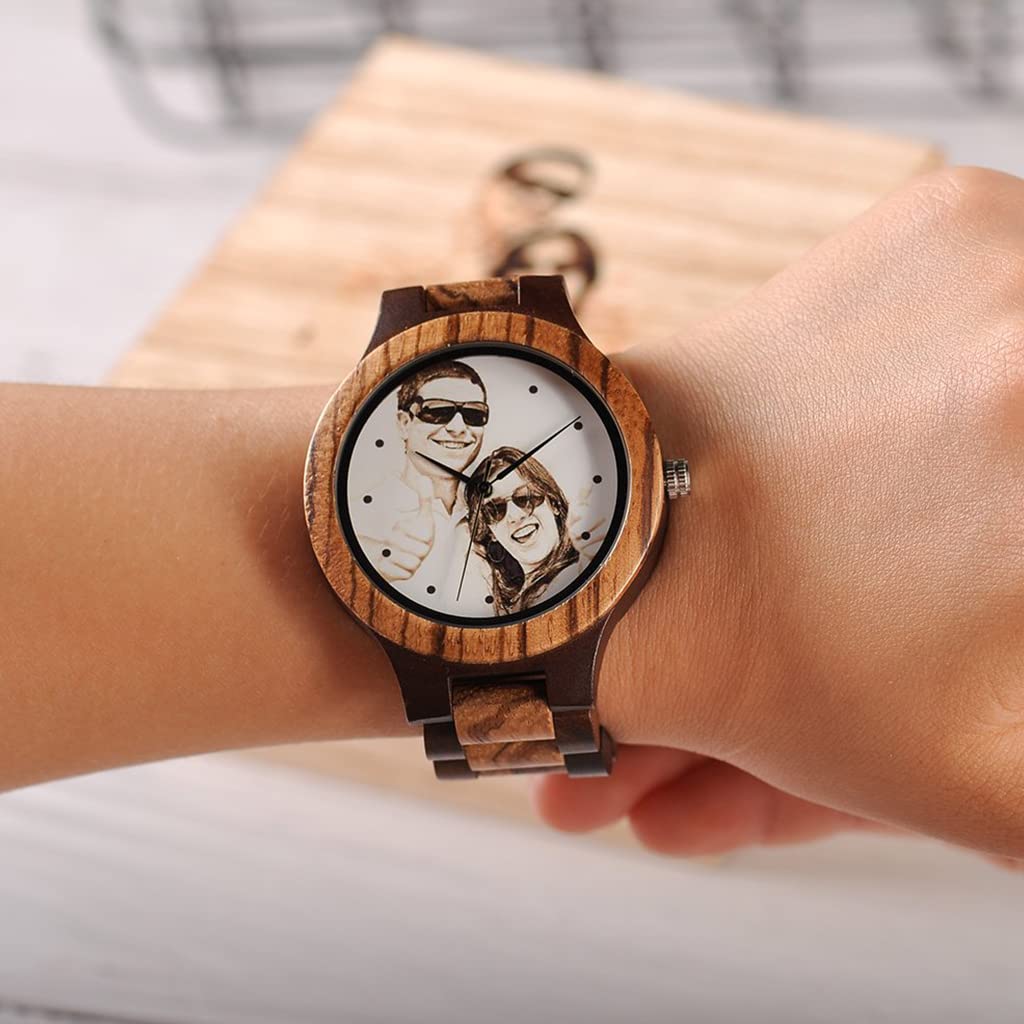 Reloj de Madera Personalizado para Hombres Relojes de Madera Natural con Foto grabada Pulsera Ajustable para Regalo Aniversario de cumpleaños para esposopapá Hijo o Novio