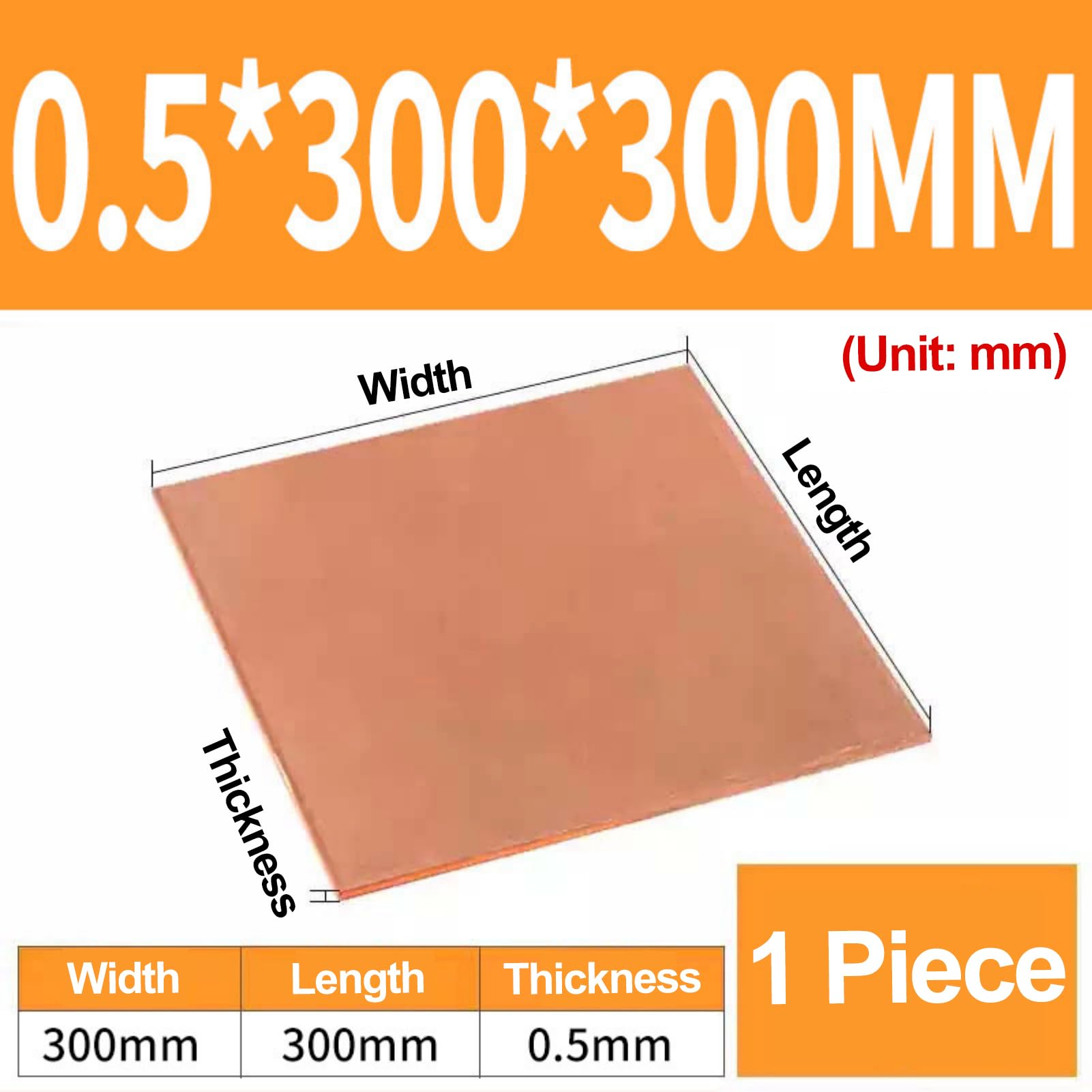 Dxcaicc Pannello Piatto Quadrato T2 Lamina di Rame Puro Spessore 0,5 mm Scheda di Rame per Stampi Parti di Raffreddamento Elettronico Materia Prima,300x300mm